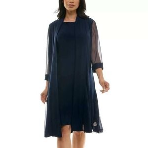 Nina Leonard Duster Cardigan Navy Blue Mesh Sleeve Sequin & Dress Sz Medium‎ NEW